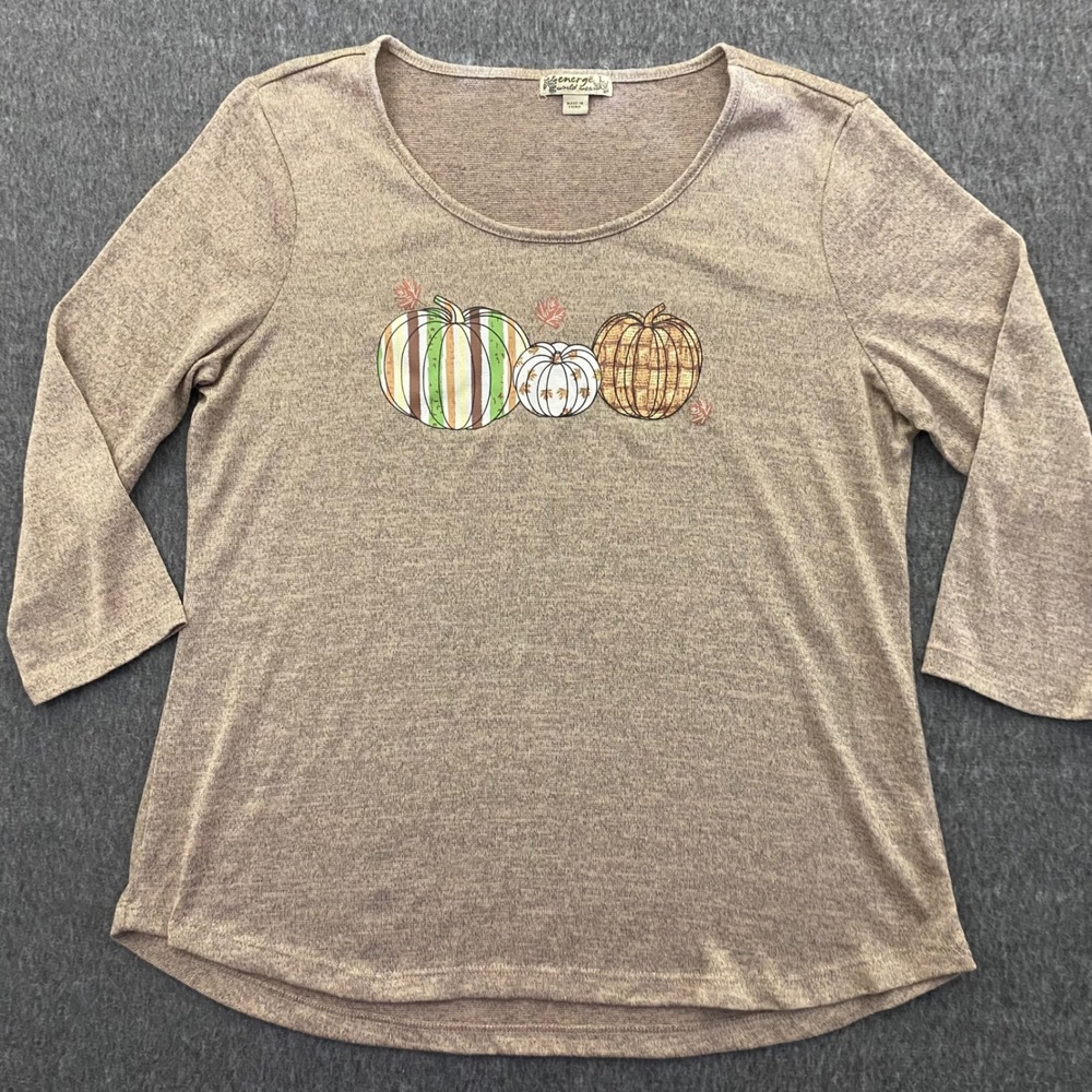 Energe World Wear Junior Large Tan Pumpkin Graphic 3/4 Sleeve Fall Knit Top EUC